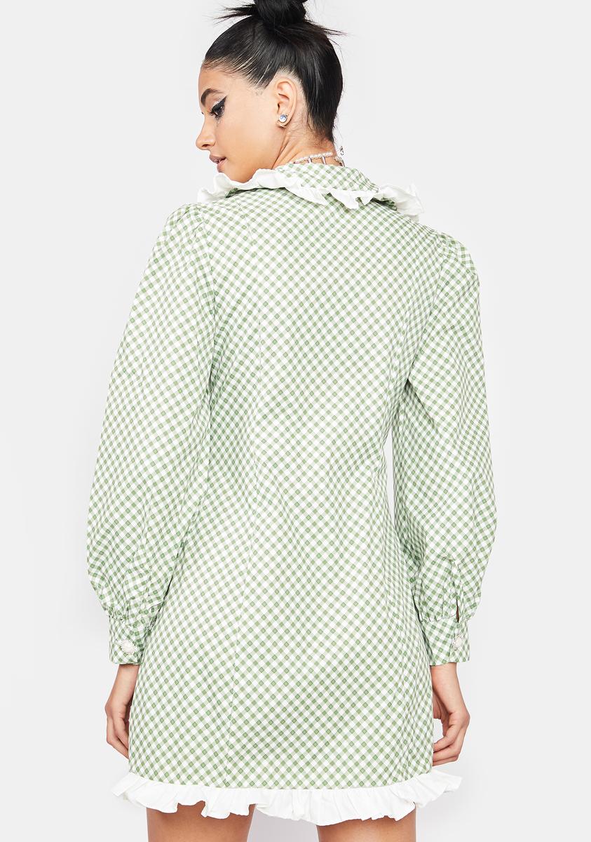 Long Puff Sleeve Gingham Ruffle Shirt Dress