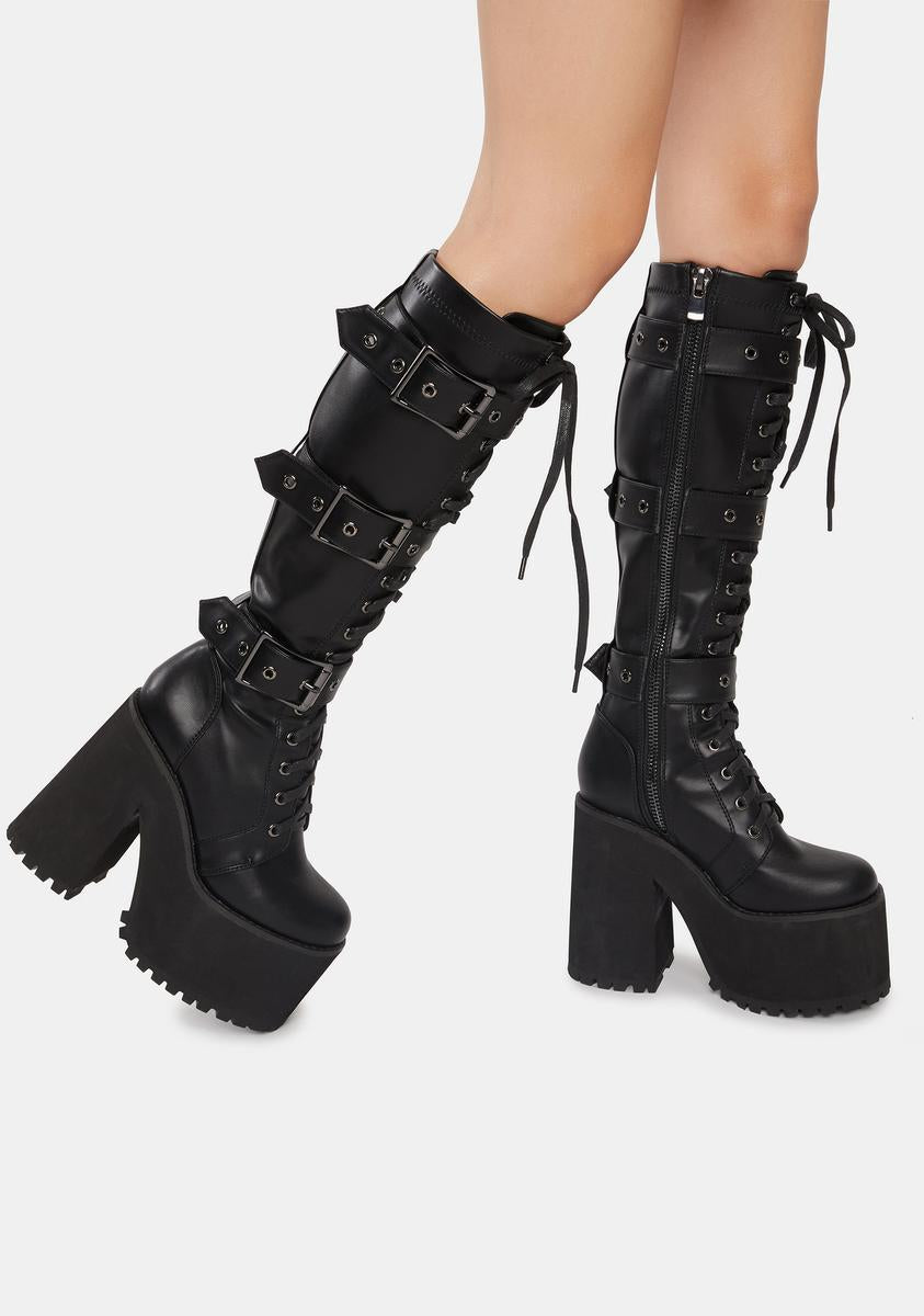 Widow Lace Up Buckle Knee High Platform Boots - Black – Dolls Kill