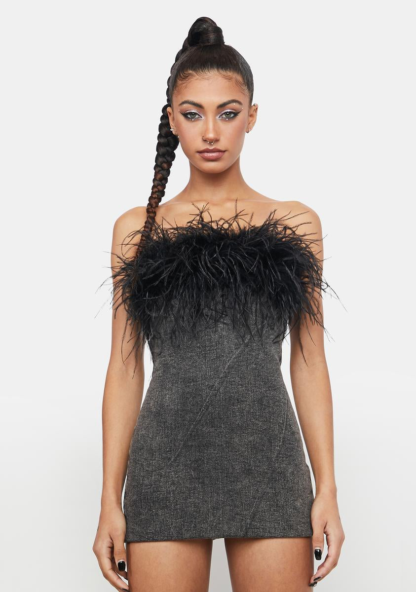 Faux Fur Trim Strapless Mini Dress   Black