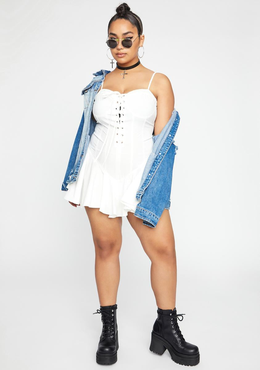 Plus Size Lace Up Fit Flare Ruffle Mini Dress