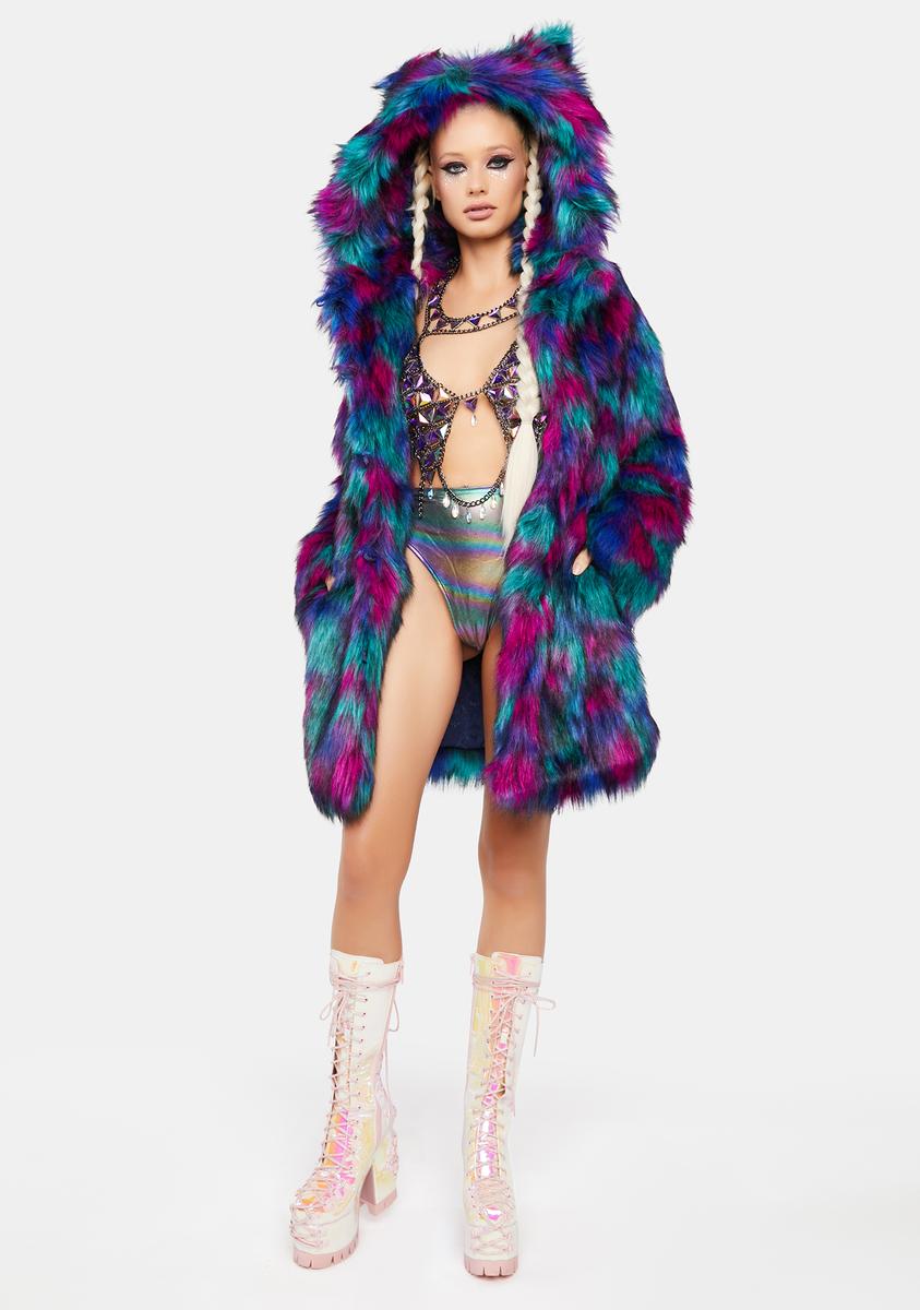 SpiritHoods Women's Rainbow Bear Faux Fur Coat