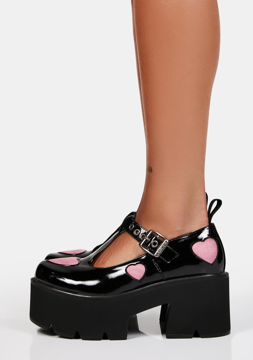 Gothic Boots Pink Mary Jane Shoes With Hearts Rosey Love Chunky
