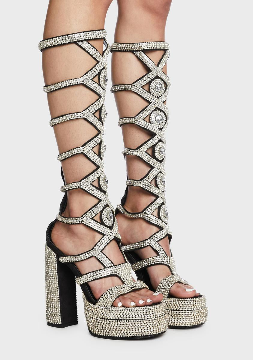 Azalea Wang Rhinestone Platform Gladiator Heels - Silver â Dolls Kill