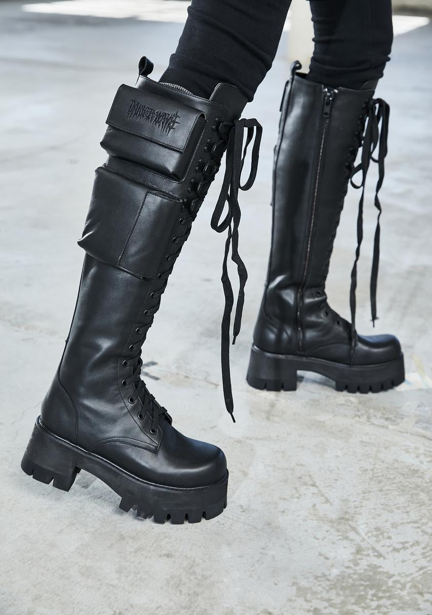 Dollskill DarkerWavsストラップ コンバット ブーツ ブラック Darker Wavs Leather Velcro Double Strap Combat Boots - Black