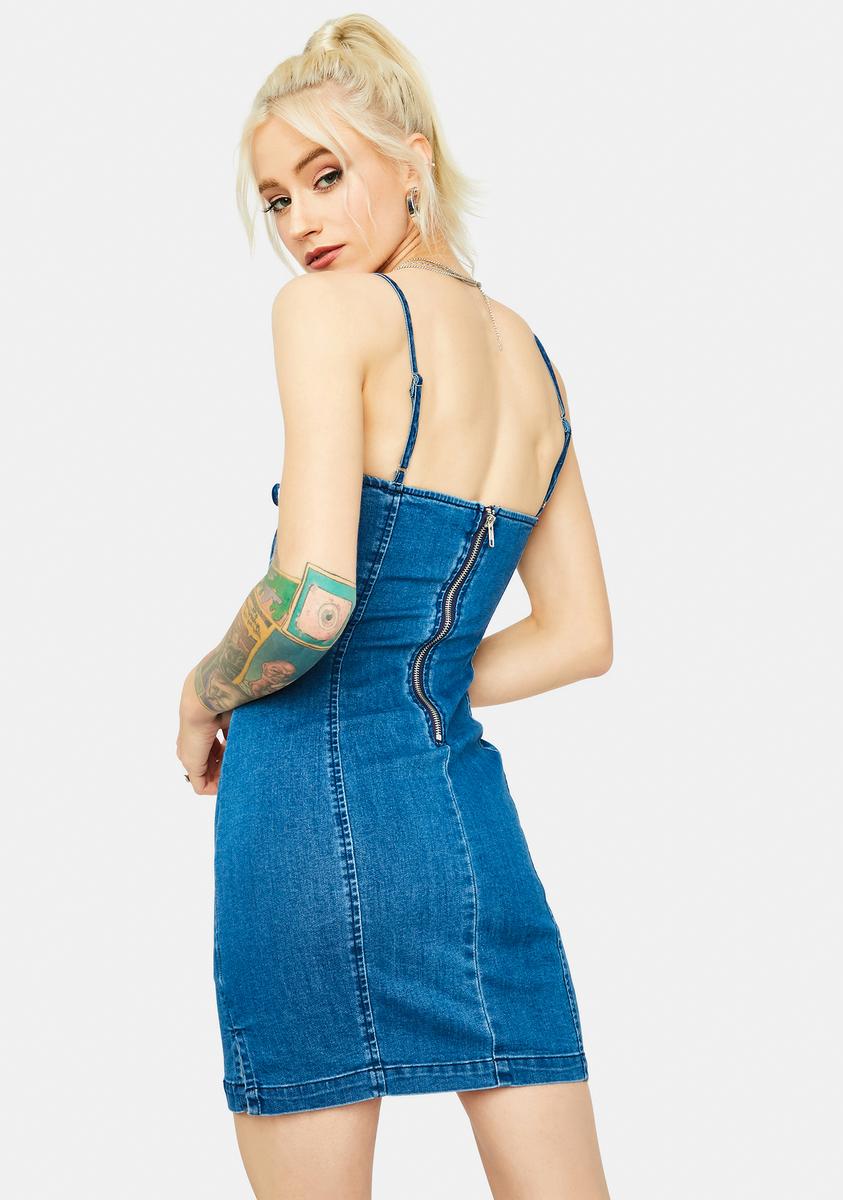 Keyhole Cutout Square Neck Bodycon Denim Mini Dress