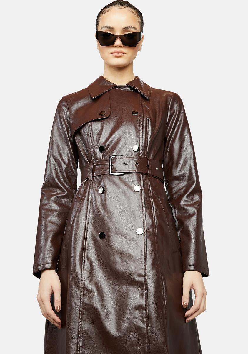 Faux Leather Long Trench Coat - Dark Brown – Dolls Kill