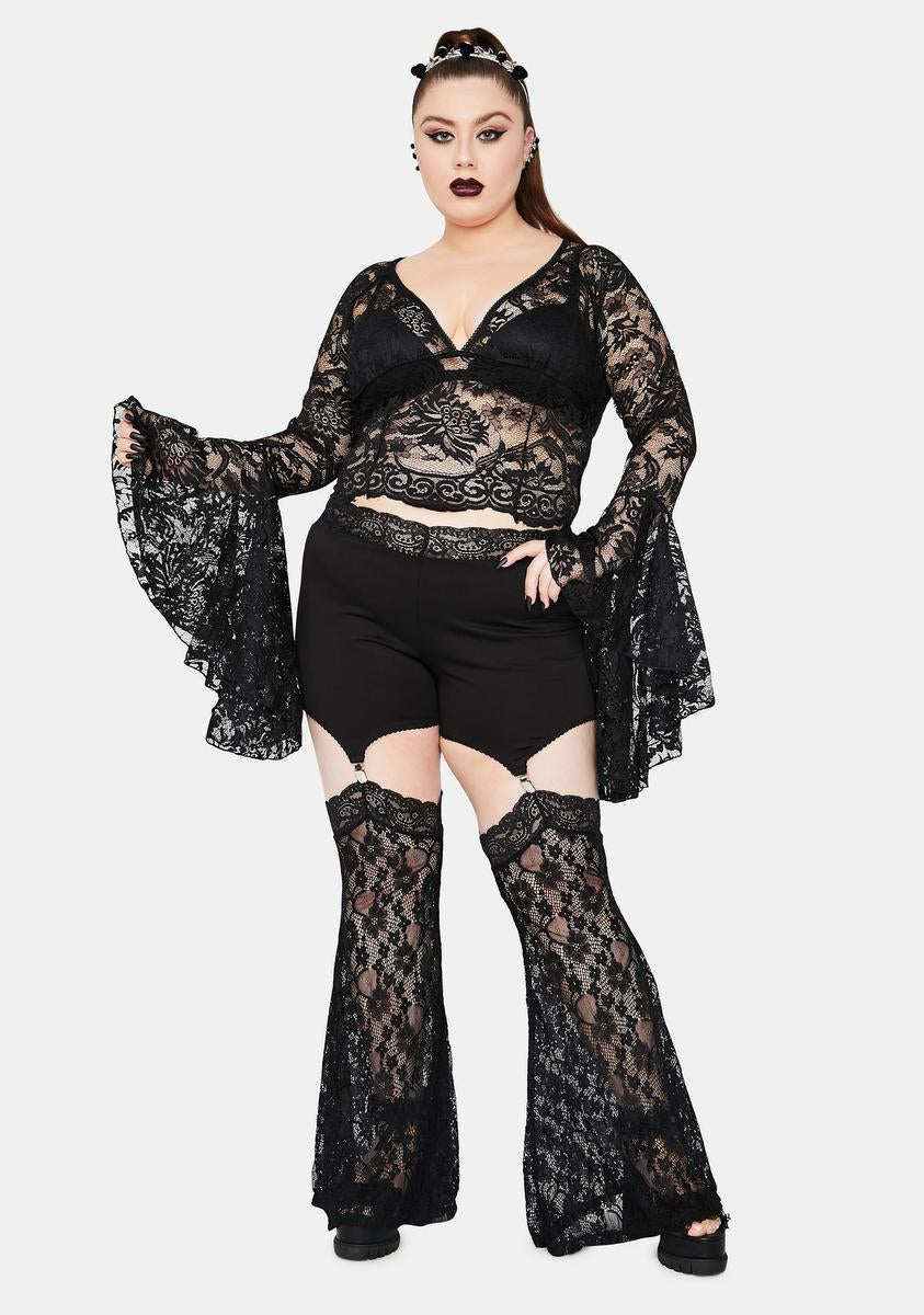 Plus Size Widow Gothic Flared Lace Garter Leggings Black Dolls Kill