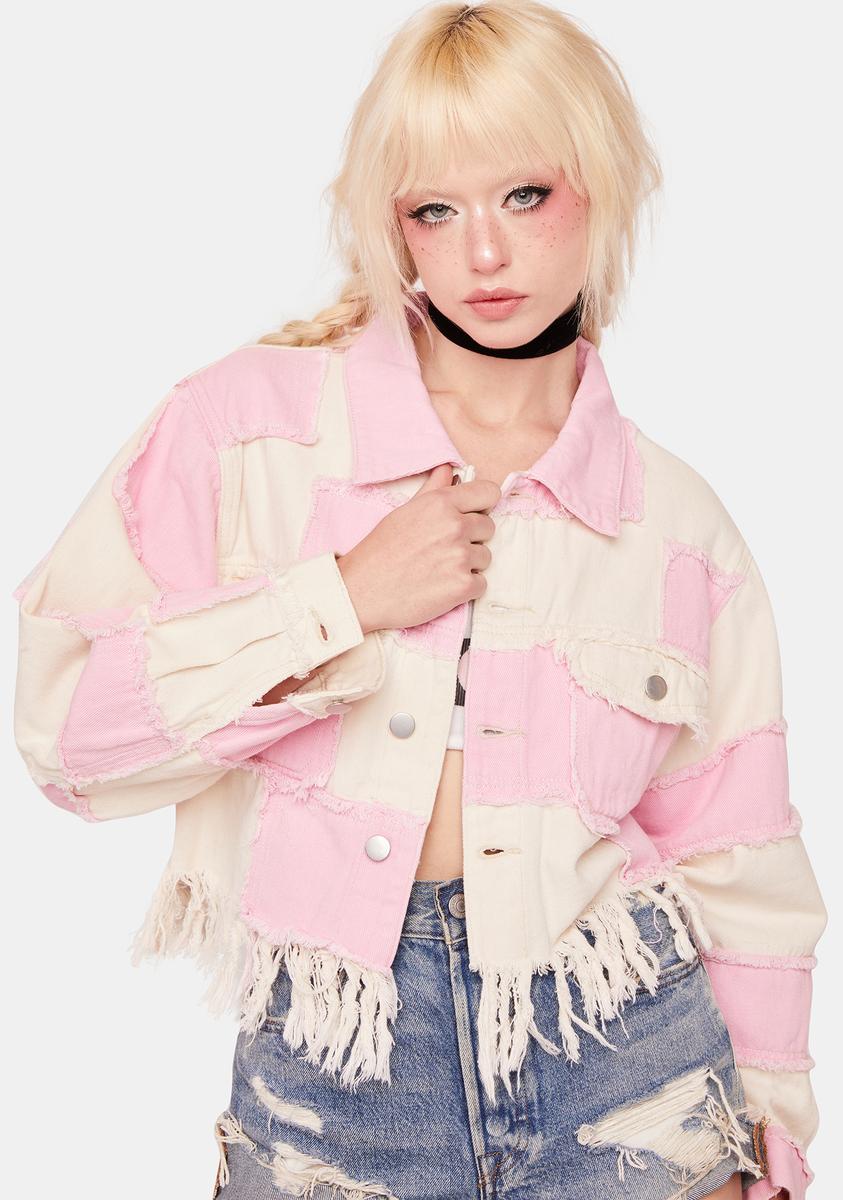 Patchwork Fringe Distressed Denim Jacket - Pink/Off White – Dolls Kill