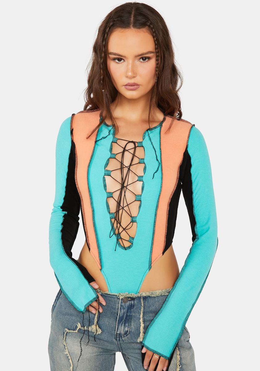Patchwork Exposed Seam Lace-Up Bodysuit - Orange/Blue/Black – Dolls Kill