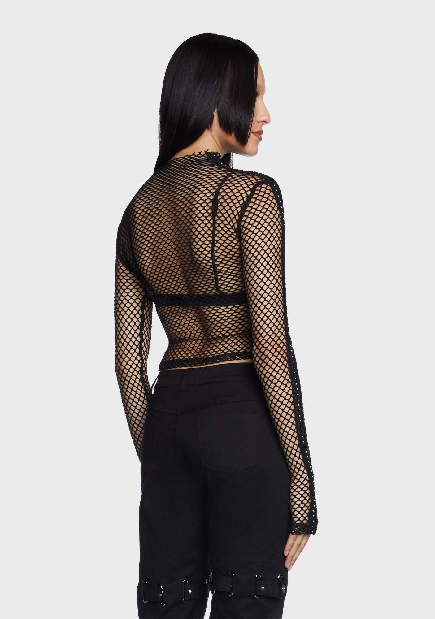 Punk Rave Sheer Fishnet Stud Trim Crop Top - Black – Dolls Kill
