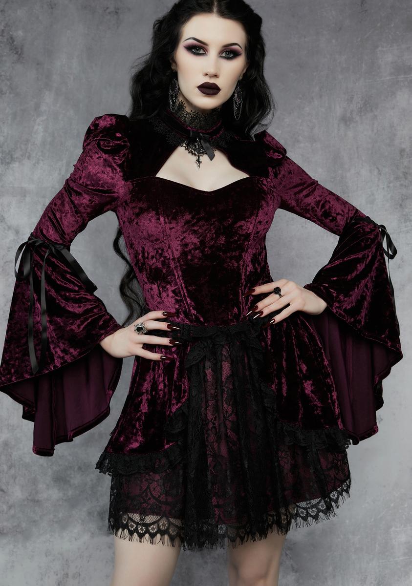 Widow Bell Sleeve Velvet Dress With Lace Underskirt - Wine – Dolls Kill
