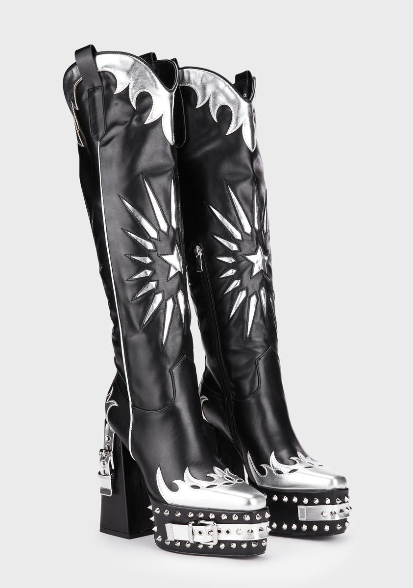 Azalea Wang x Dolls Kill Flame Star Platform Cowboy Boots Black/Silver
