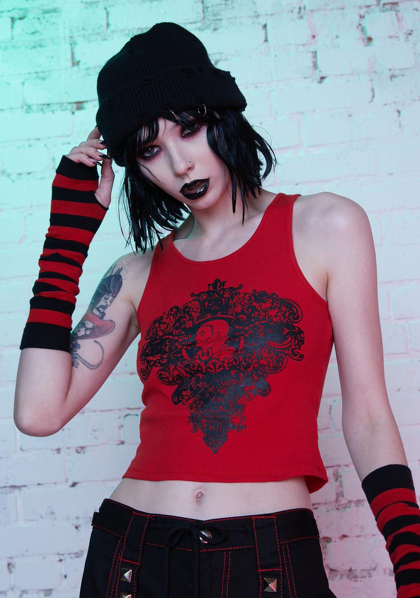 Dolls Kill X Monsters Ribbed Racerback Dracula Graphic Crop Tank - Red