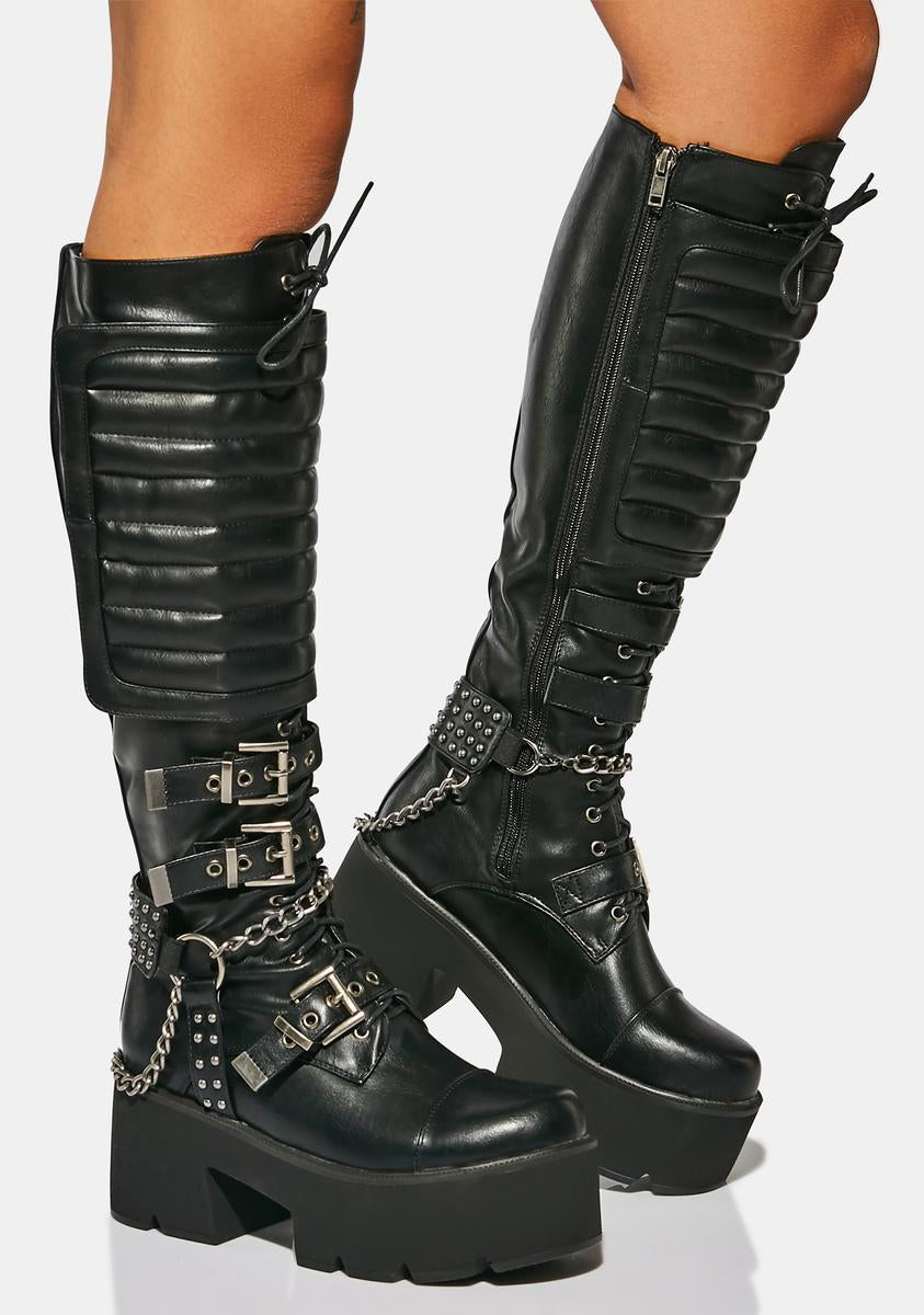 Lamoda Knee High Buckle Chain Boots - Black – Dolls Kill