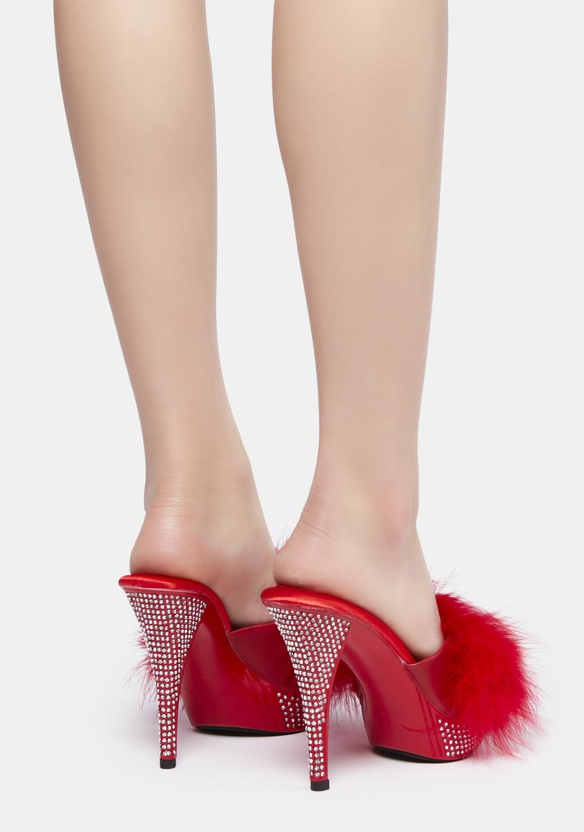Fabulicious Marabou Rhinestone Heels - Red â Dolls Kill