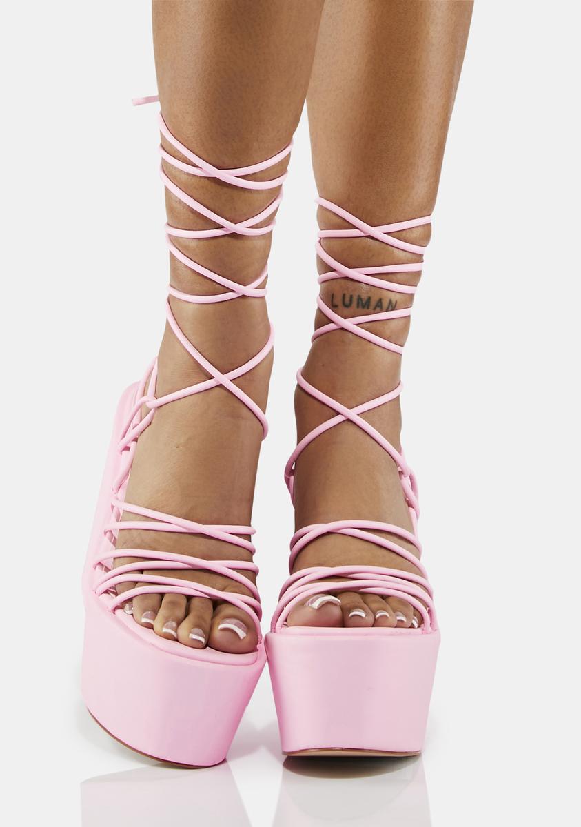 SIMMI Lace Up Vegan Leather Platform Wedges Pink Dolls Kill