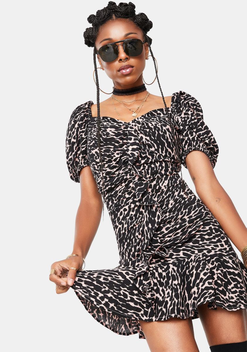 Re Named Mica Leopard Puff Sleeve Mini Dress – Dolls Kill