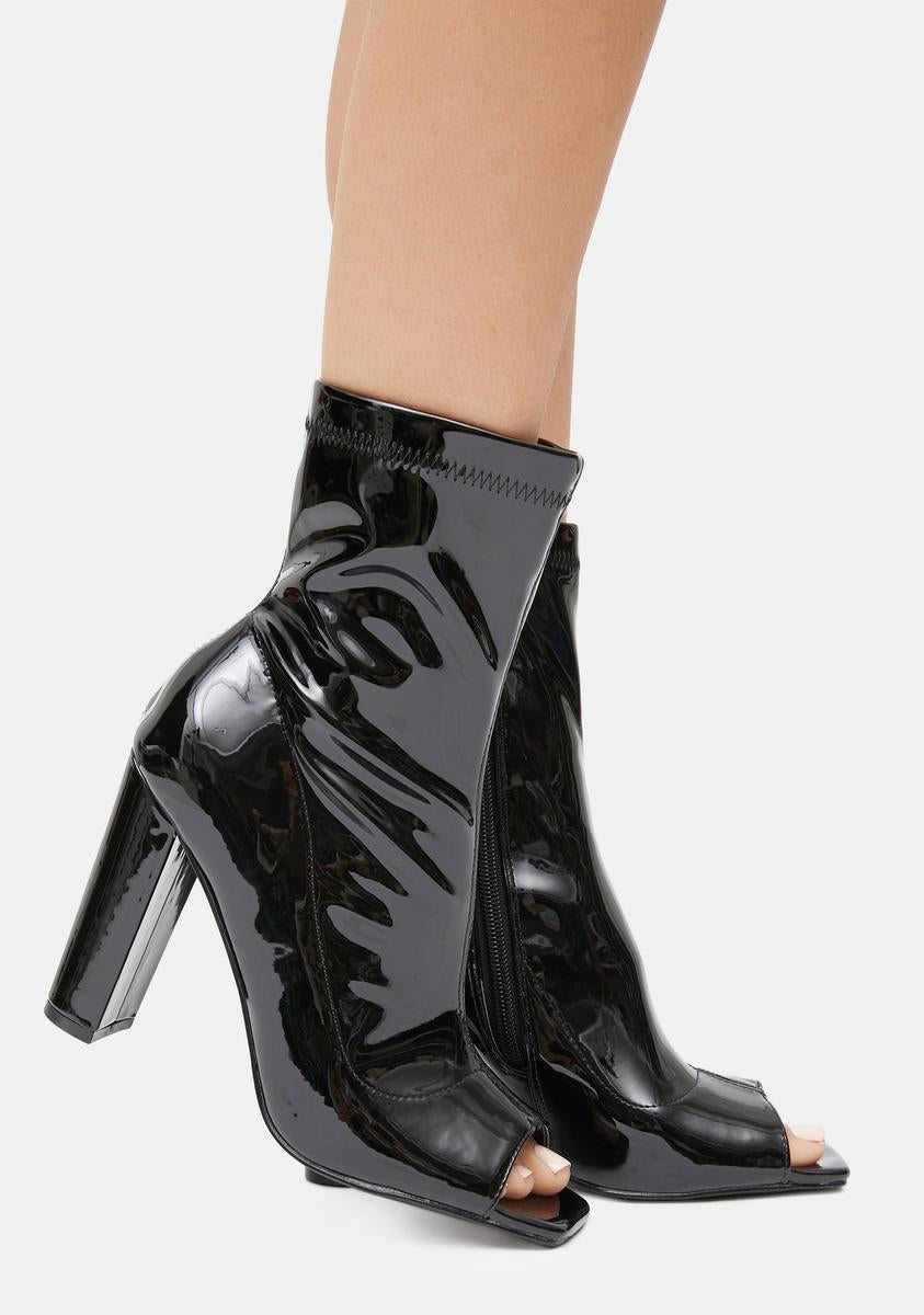 Peep Toe Patent Vegan Leather Ankle Boots Black – Dolls Kill