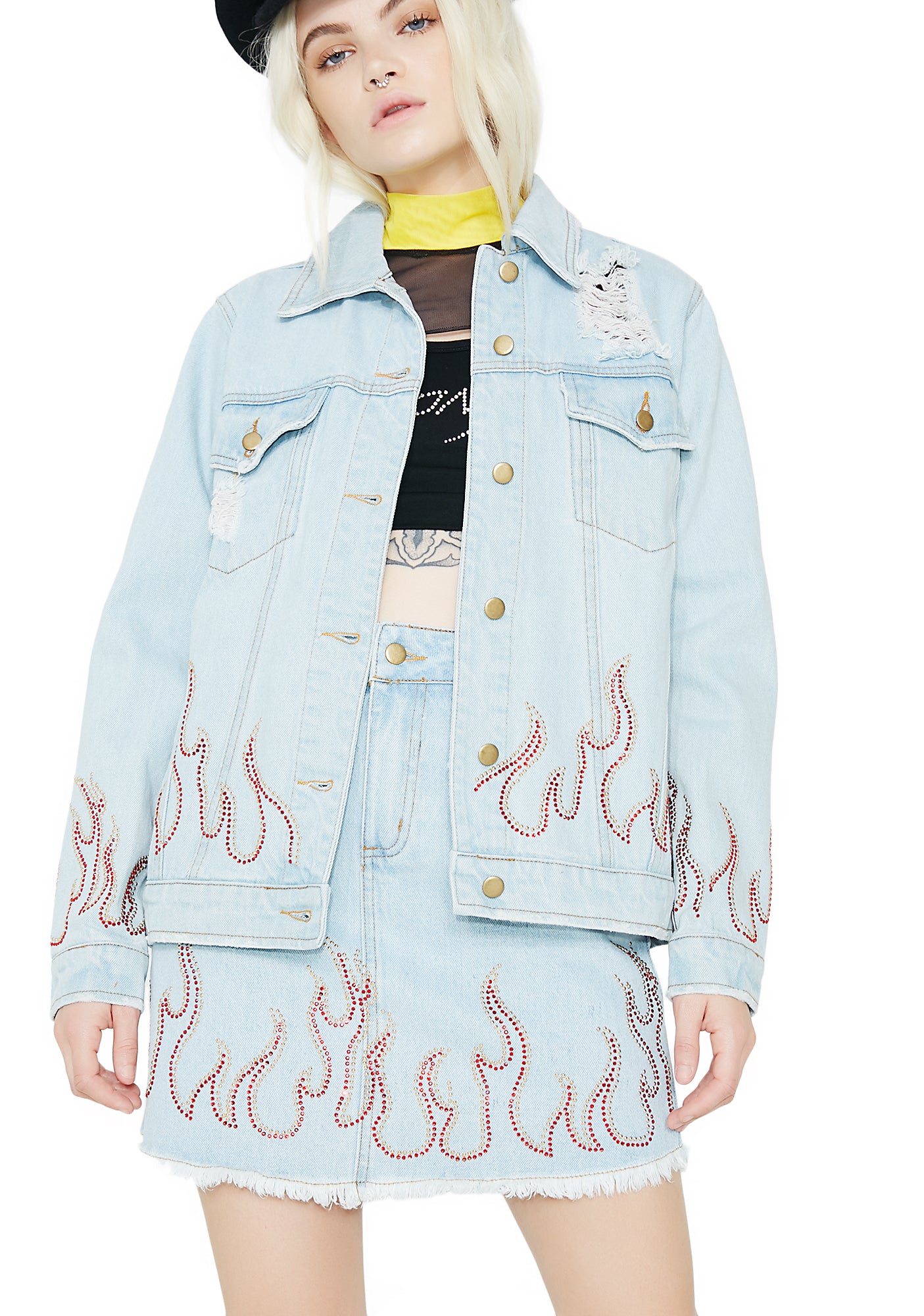 Distressed Denim Jacket With Flames – Dolls Kill