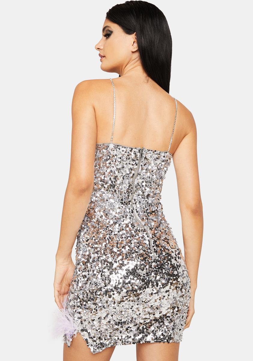 showtime mini dress Sequin Dress With Rhinestone Straps And Feather Trim