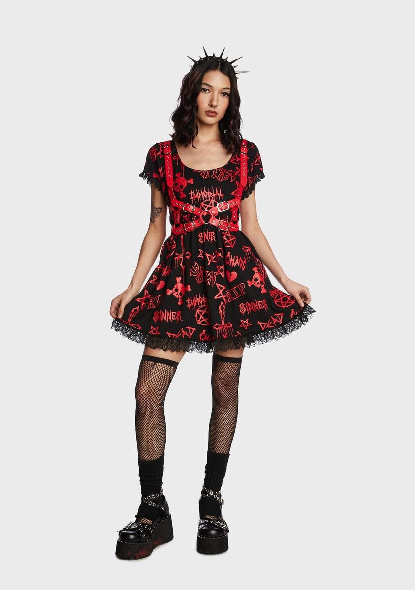 black and red skull dress Red & Black Flocked Filigree Skull Dress