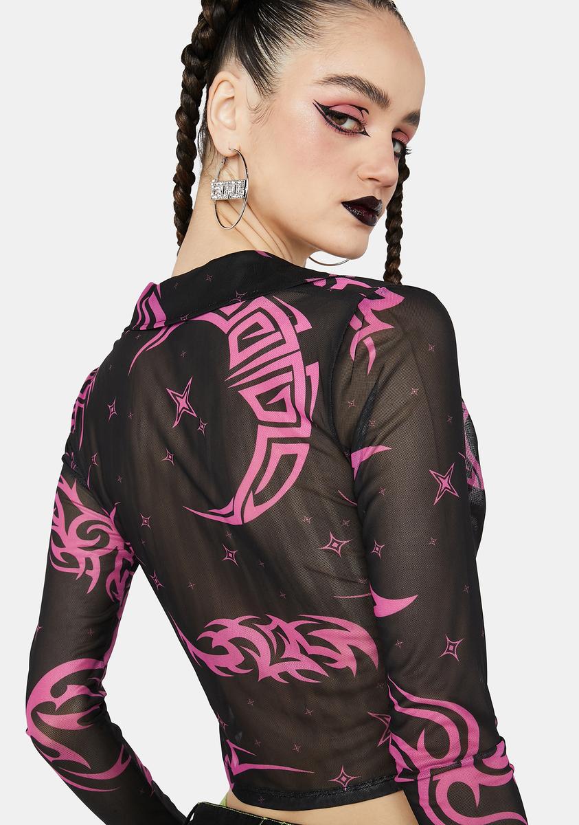 Horoscopez Taurus Tattoo Print Mesh Shirt - Black/Pink – Dolls Kill