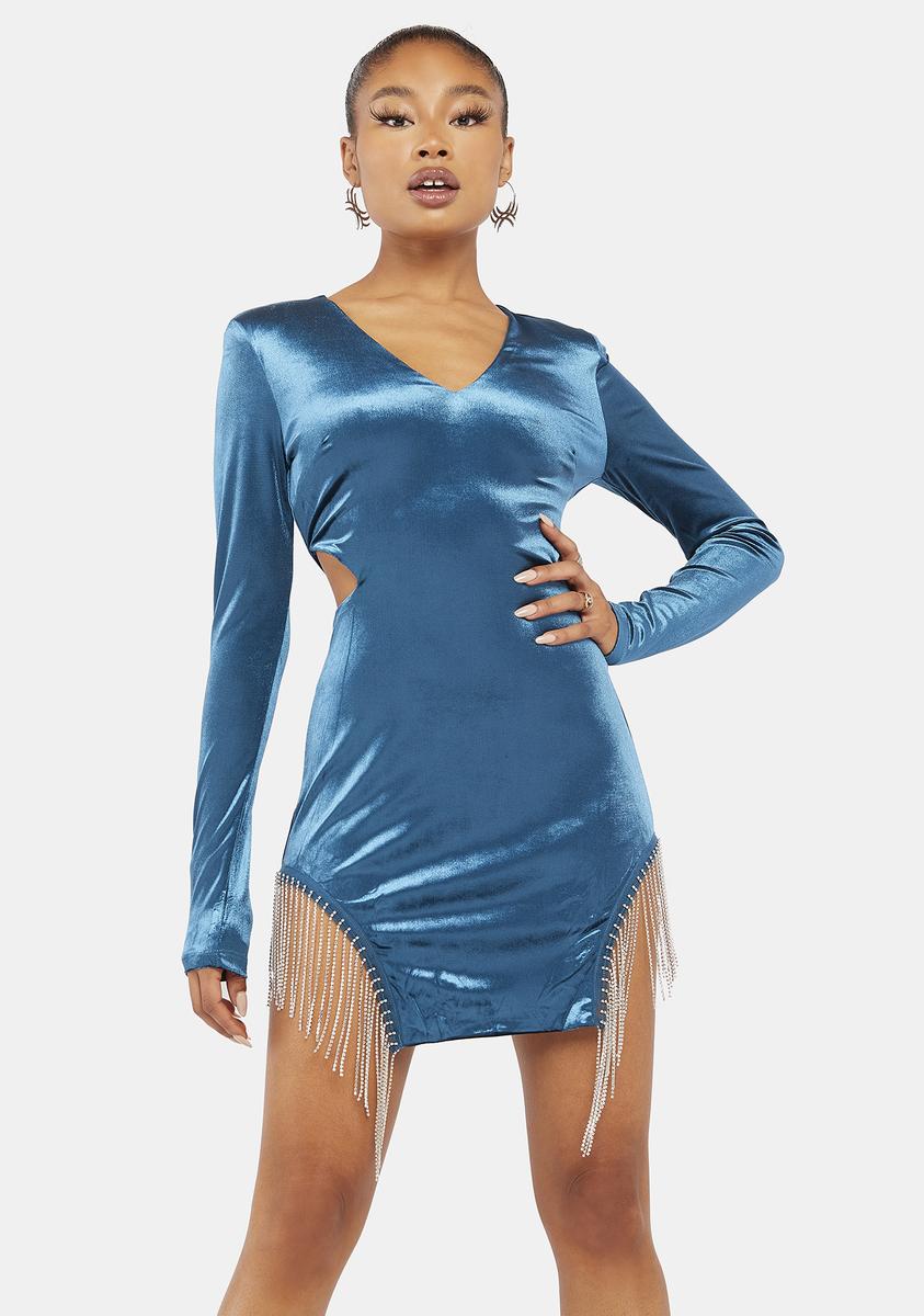 Velvet Long Sleeve Rhinestone Fringe Dress - Blue – Dolls Kill