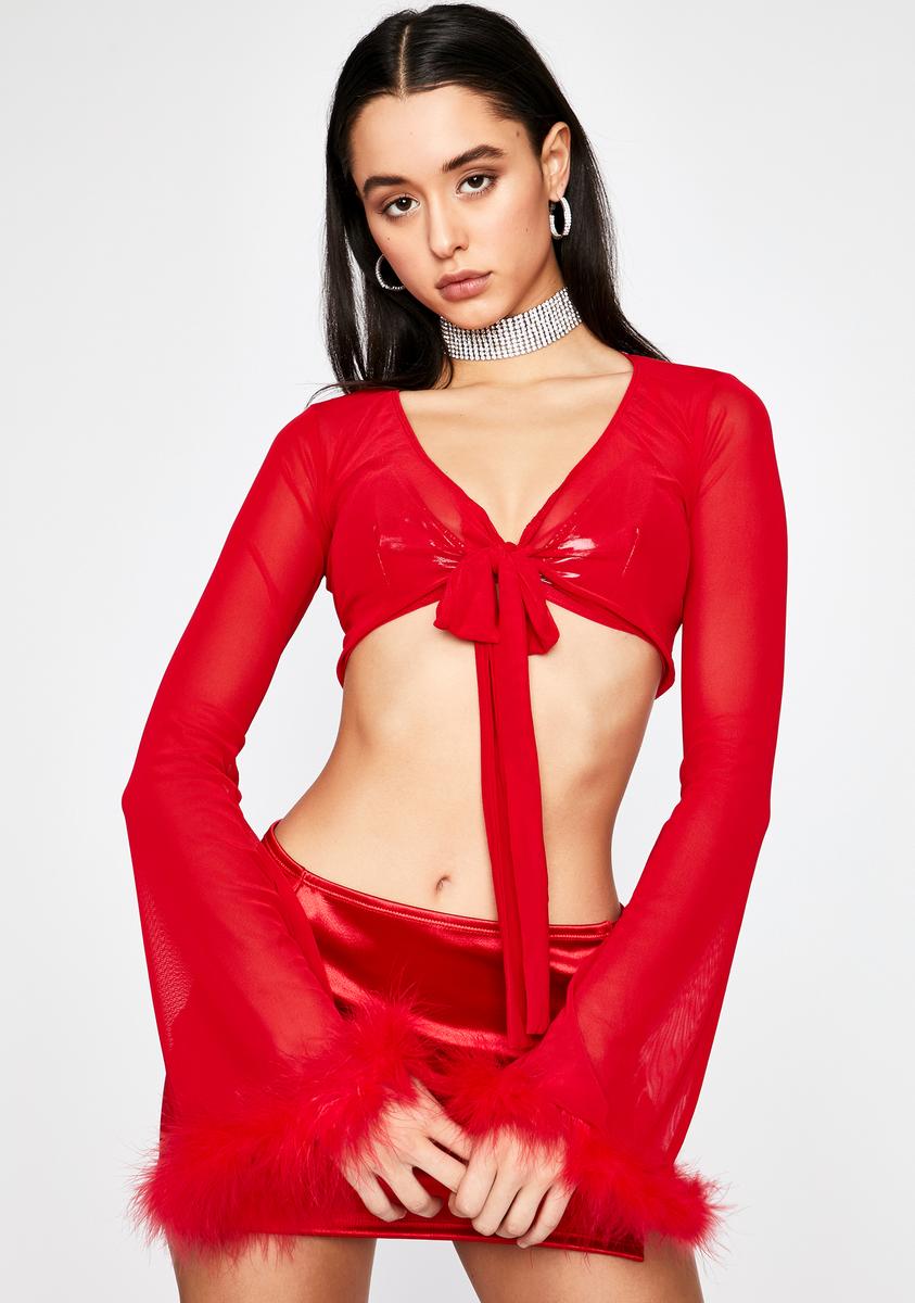 Bell Sleeve Mesh Crop Top Front Tie Sheer Marabou Trim V-Neck Sexy Red