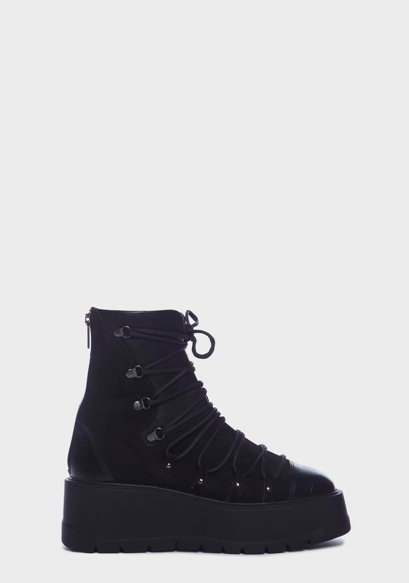 Free People Lace Up Leather Wedge Boots - Black – Dolls Kill