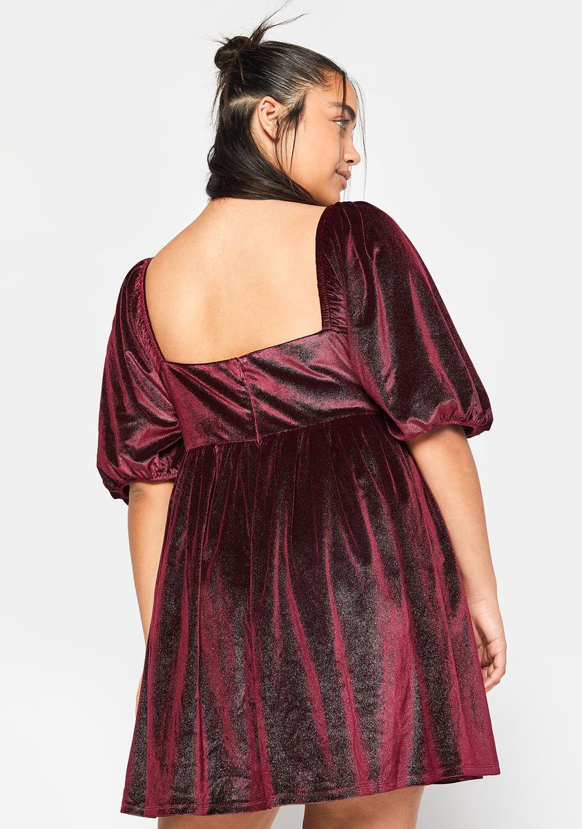 red babydoll dress plus size Women's Plus Size Babydoll Elastic Waist Lace Trim Party Velvet Flare Dress
