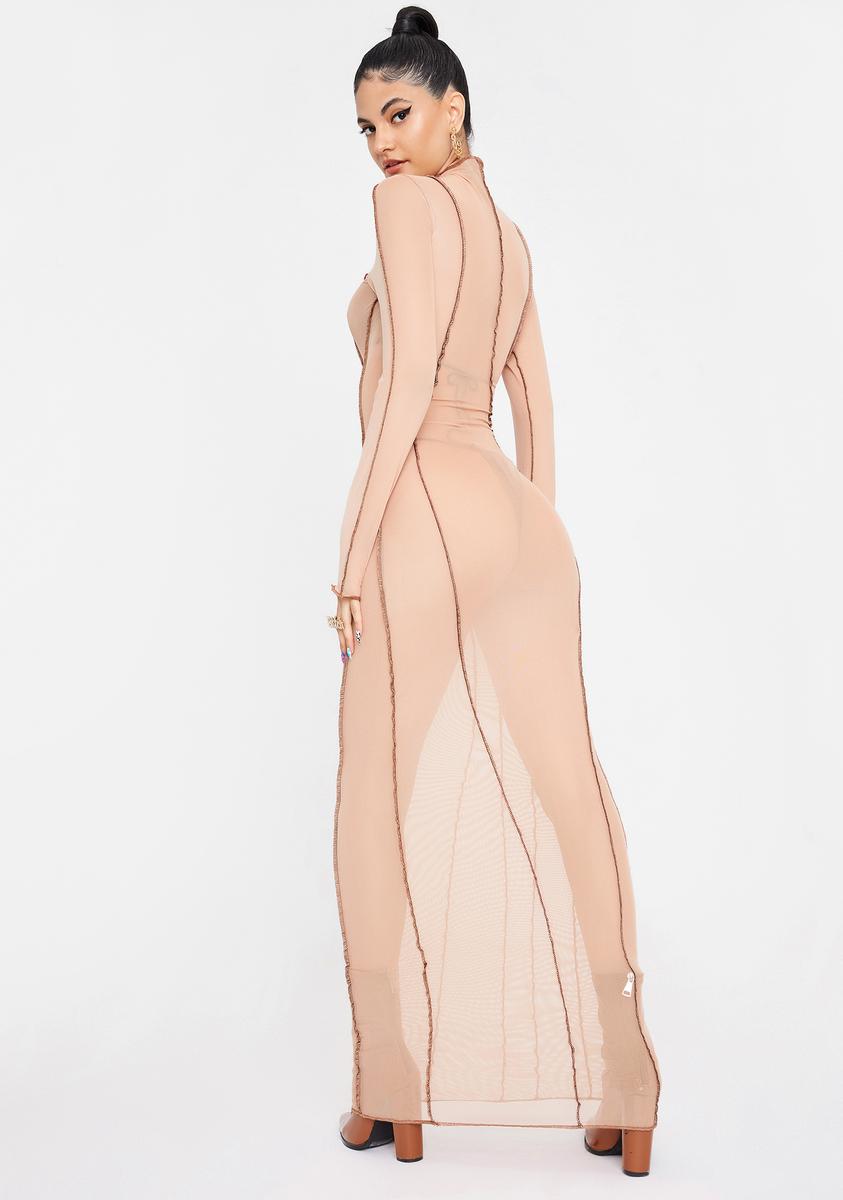 Mesh Long Sleeve Contrast Stitch Maxi Dress - Nude  Dolls Kill