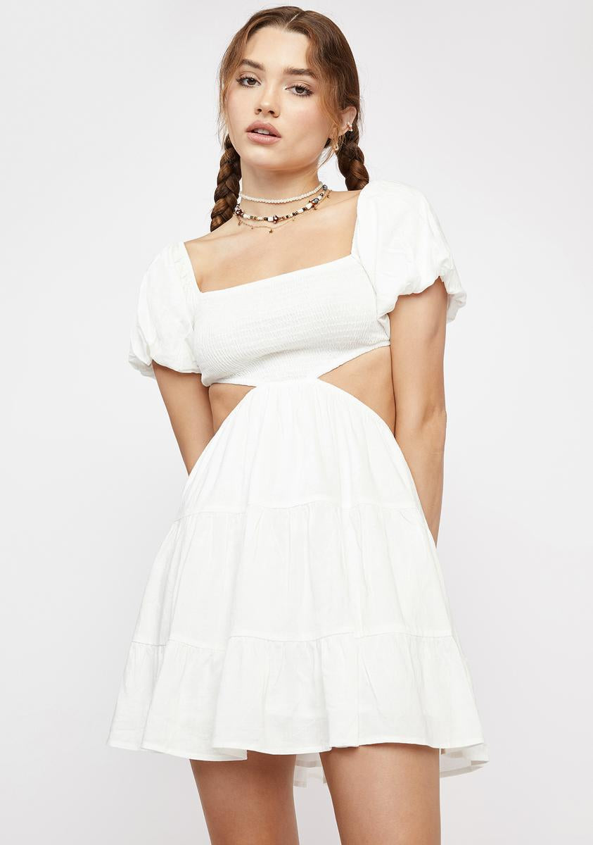 Puff Sleeve Ruffle Skirt Cutout Mini Dress White – Dolls Kill