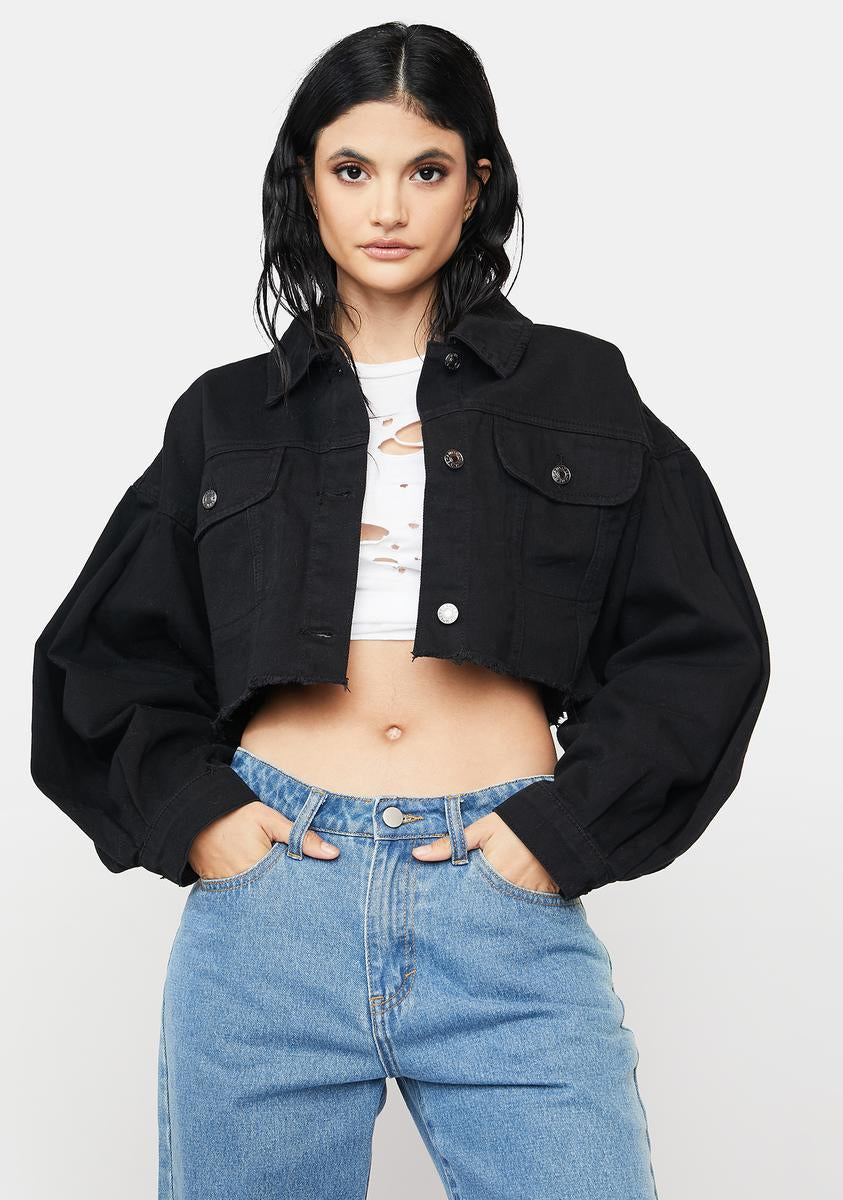 Balloon Sleeve Distressed Crop Denim Jacket - Black – Dolls Kill