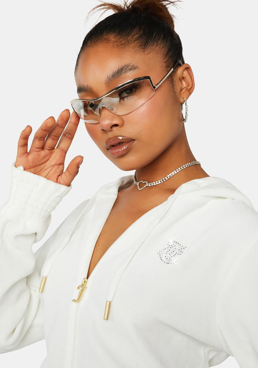 Juicy Couture Cream Soda Monogram Cropped Velour Hoodie