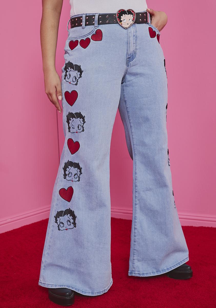 Betty Boop Size Denim Flare Jeans With Patches – Dolls Kill