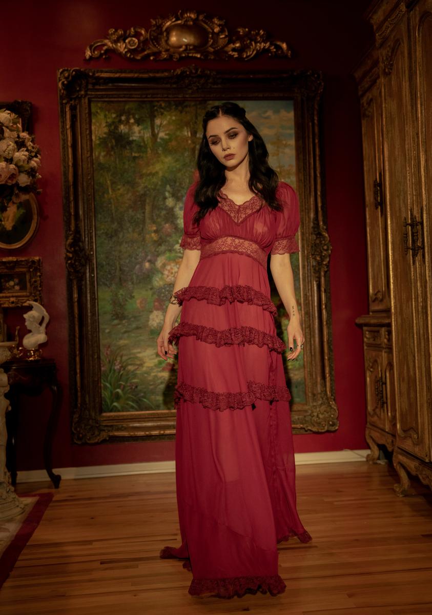 lace ruffle sleeve maxi dress in wine Wine Lace Ruffle Sleeve Maxi Dress