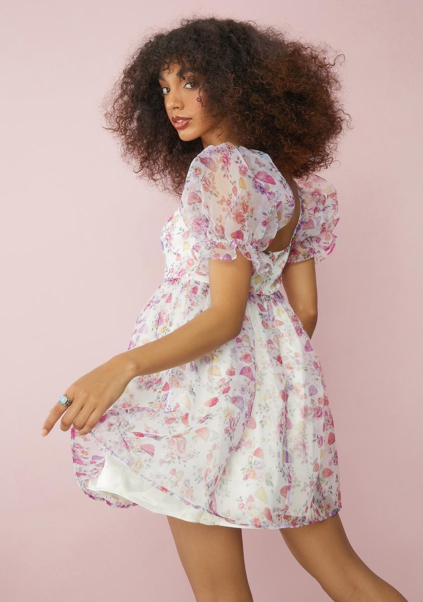 Sugar Thrillz Mushroom Print Puff Sleeve Babydoll Dress