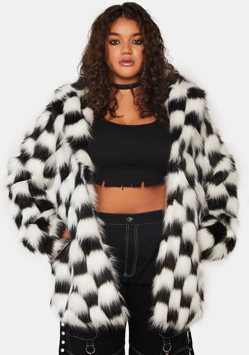 Plus Size Current Mood Oversized Long Checkered Faux Fur Coat - Black ...