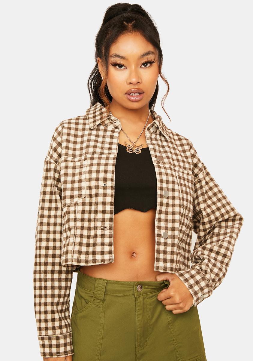Gingham Collared Cropped Boxy Jacket Brown – Dolls Kill