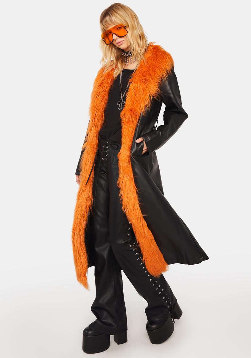 AZALEA WANG Faux Fur Trim Vegan Leather Coat - Black/Orange – Dolls Kill