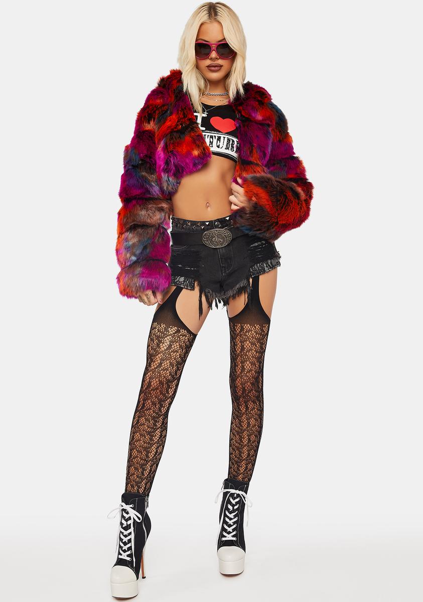 Azalea Wang Hooded Faux Fur Crop Jacket - Multi – Dolls Kill