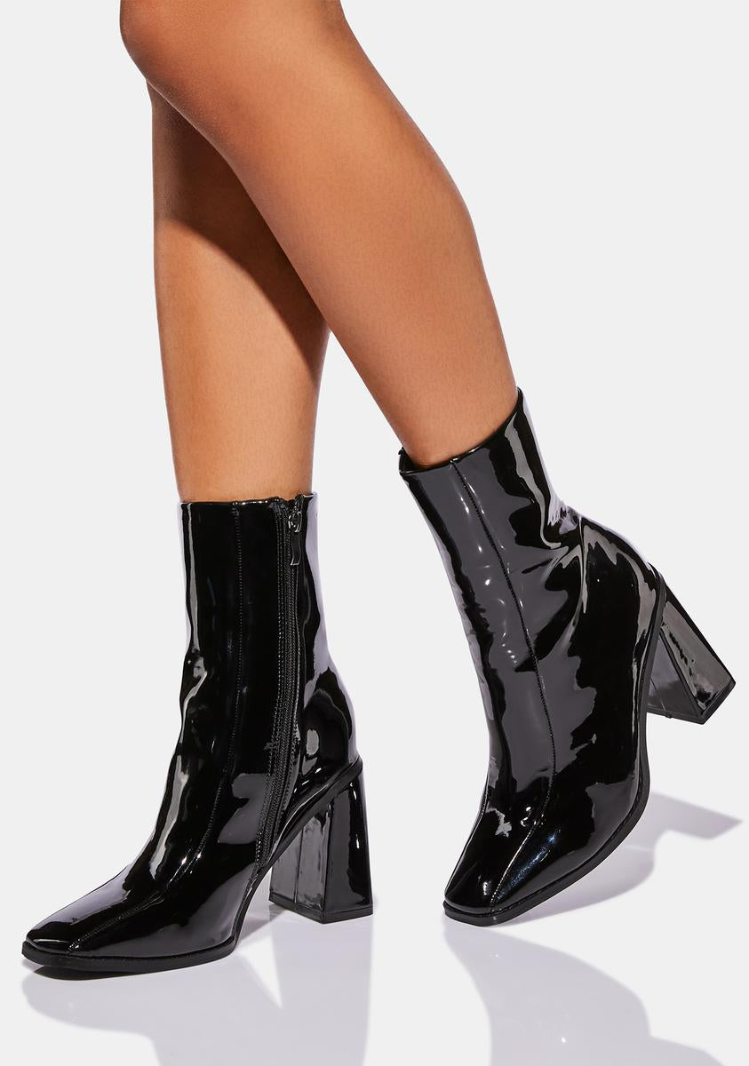 Koi Footwear Square Toe Angular Heeled Ankle Boots - Black Patent ...