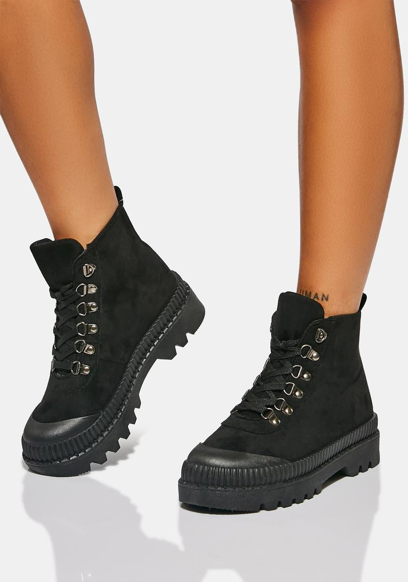 Vegan Suede Lace Up Treaded Ankle Boots - Black – Dolls Kill
