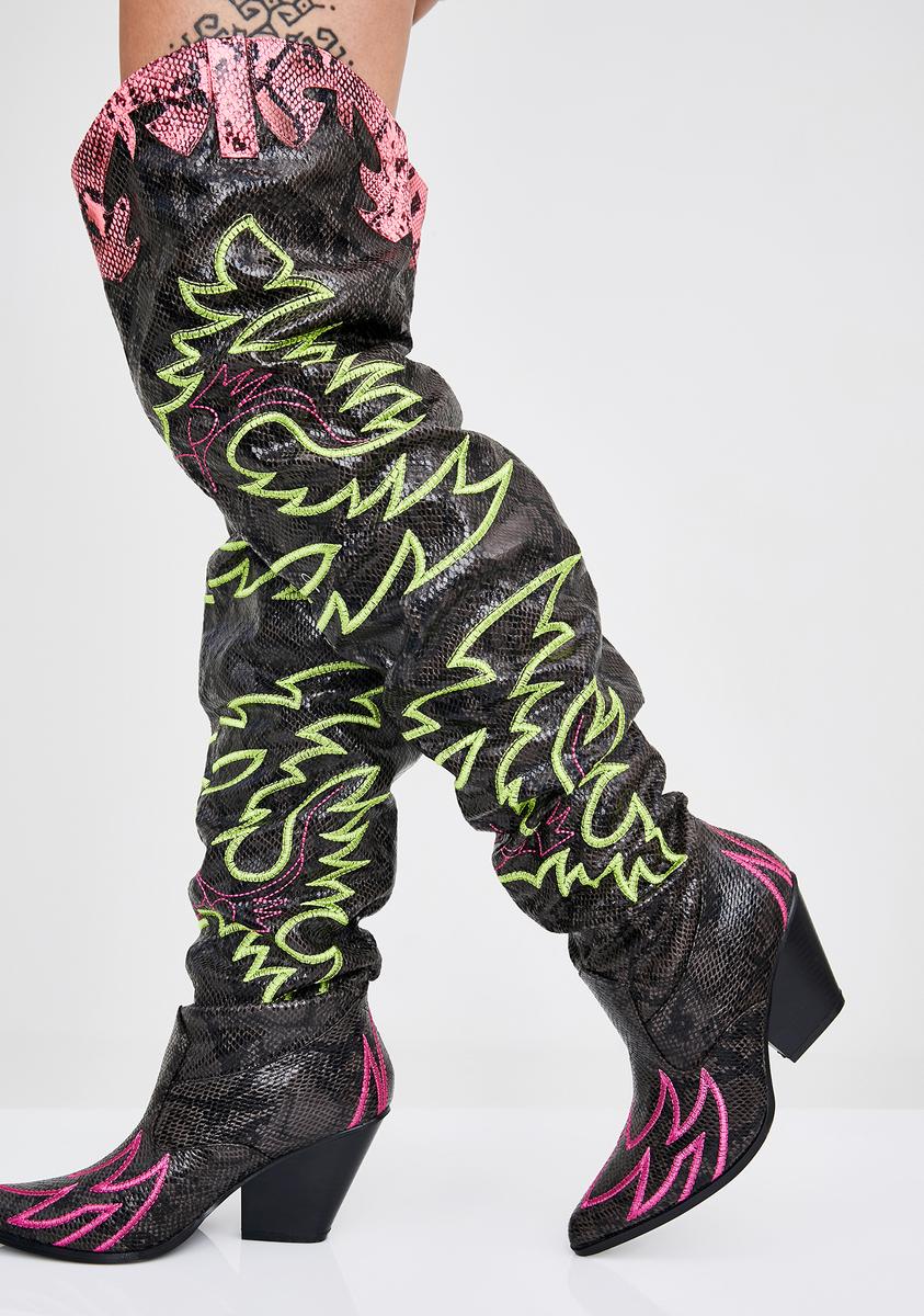 Neon Embroidered Knee High Snakeskin Cowboy Boots – Dolls Kill