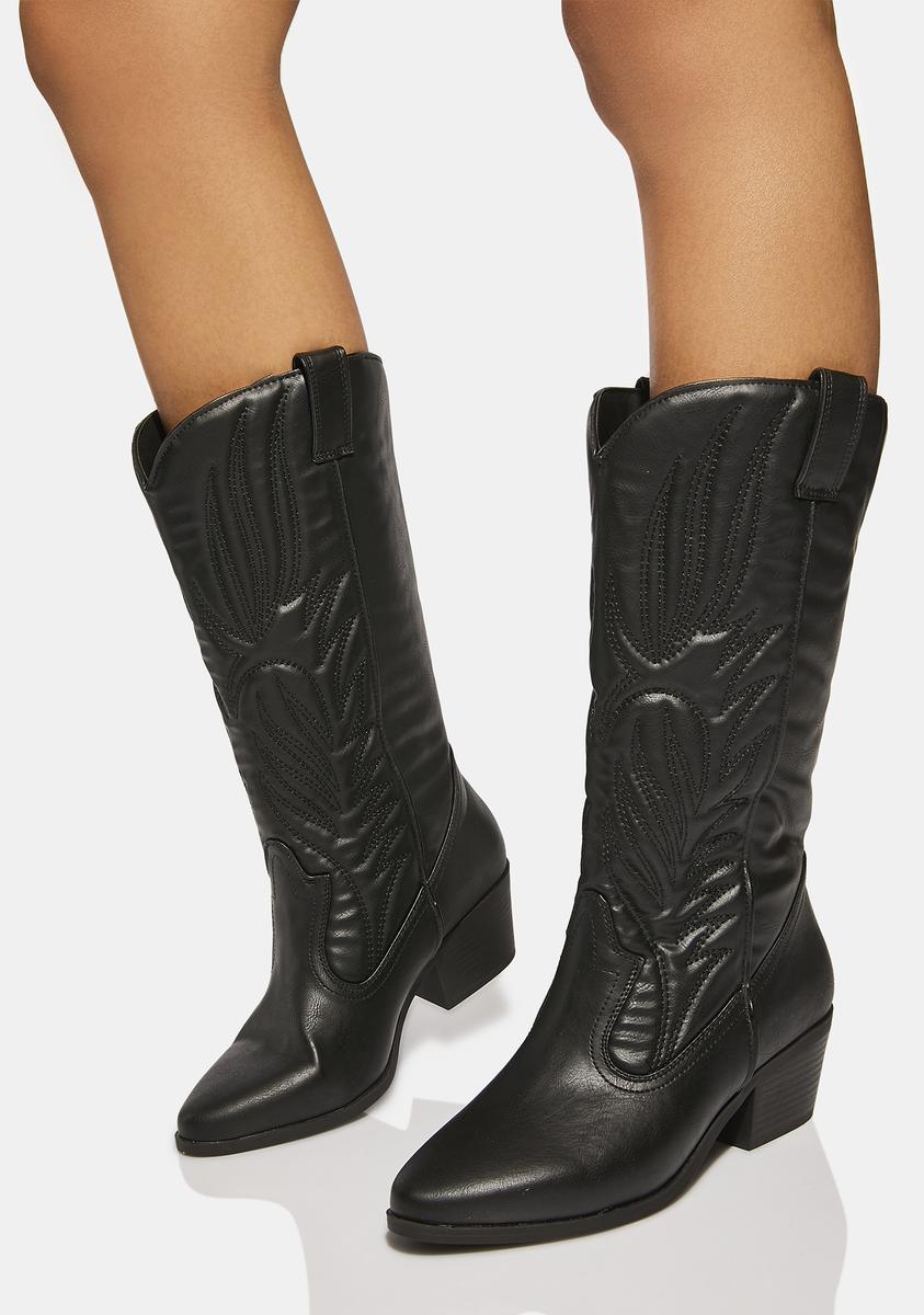 Vegan Leather Embroidered Heeled Cowboy Boots - Black – Dolls Kill