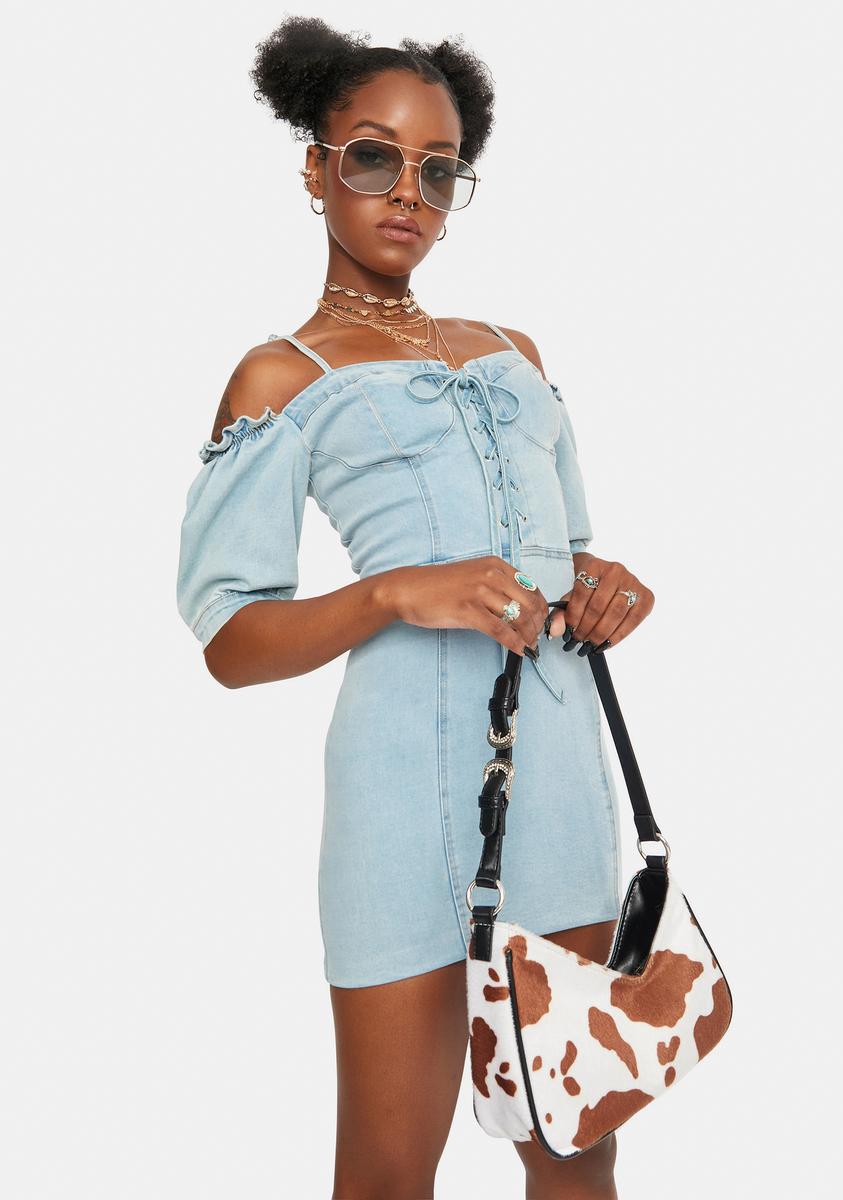 Denim Lace Up Off The Shoulder Mini Dress – Dolls Kill