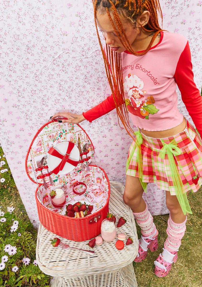 Dolls Kill X Strawberry Shortcake Wicker Picnic Basket With Cutlery