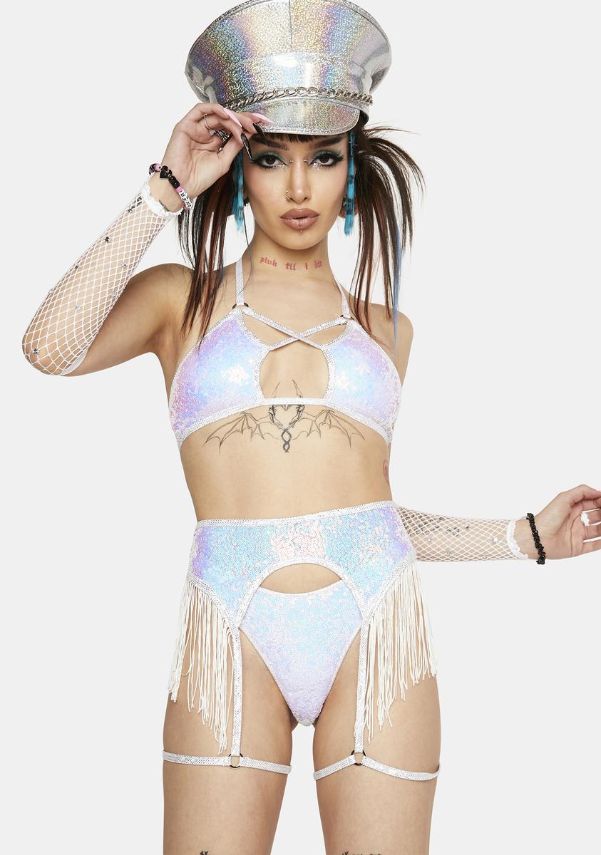 Roma Iridescent Sequin Fringe Trim Garter Belt - White/Multi Dolls Kill Roma Iridescent Sequin Fringe Trim Garter Belt - White/Multi Dolls Kill