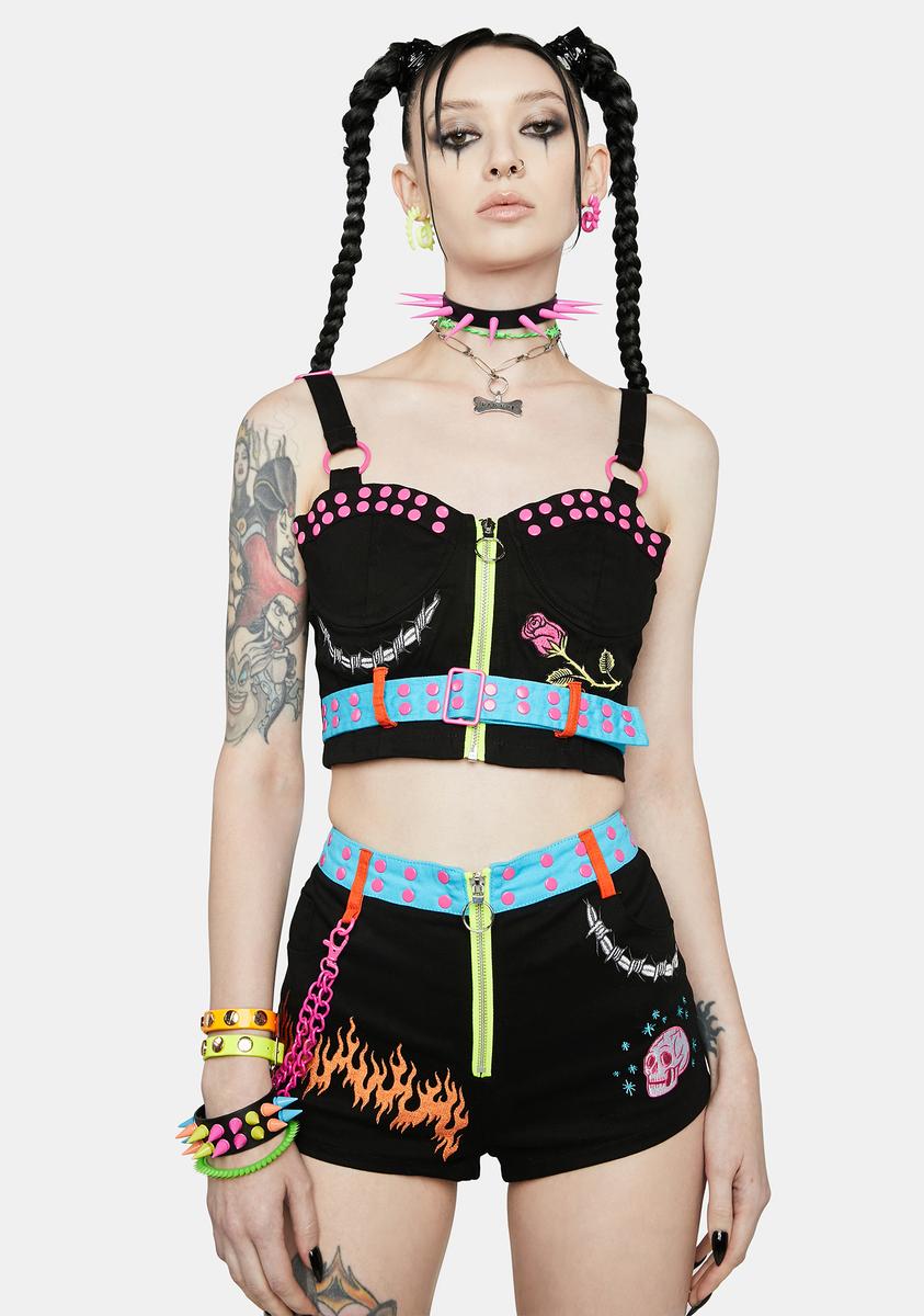 Current Mood Embroidered Studded Chain High Waist Shorts - Black/Neon ...