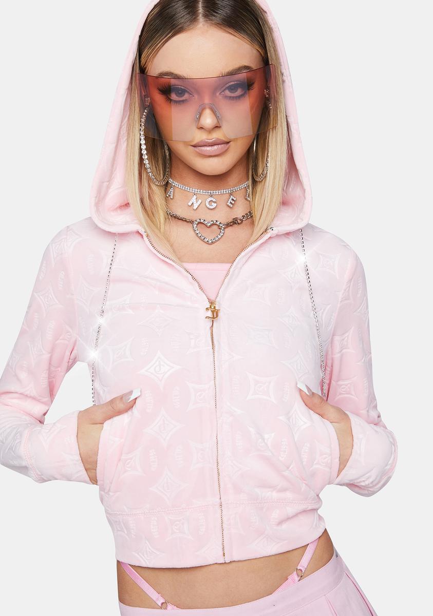 Juicy Couture Logo Embossed Rhinestone Hoodie Zip Up - Pink